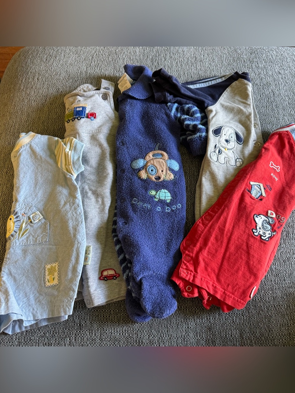 baby boy vintage embroidered one pieces bundle, footie pjs, overalls, rompers